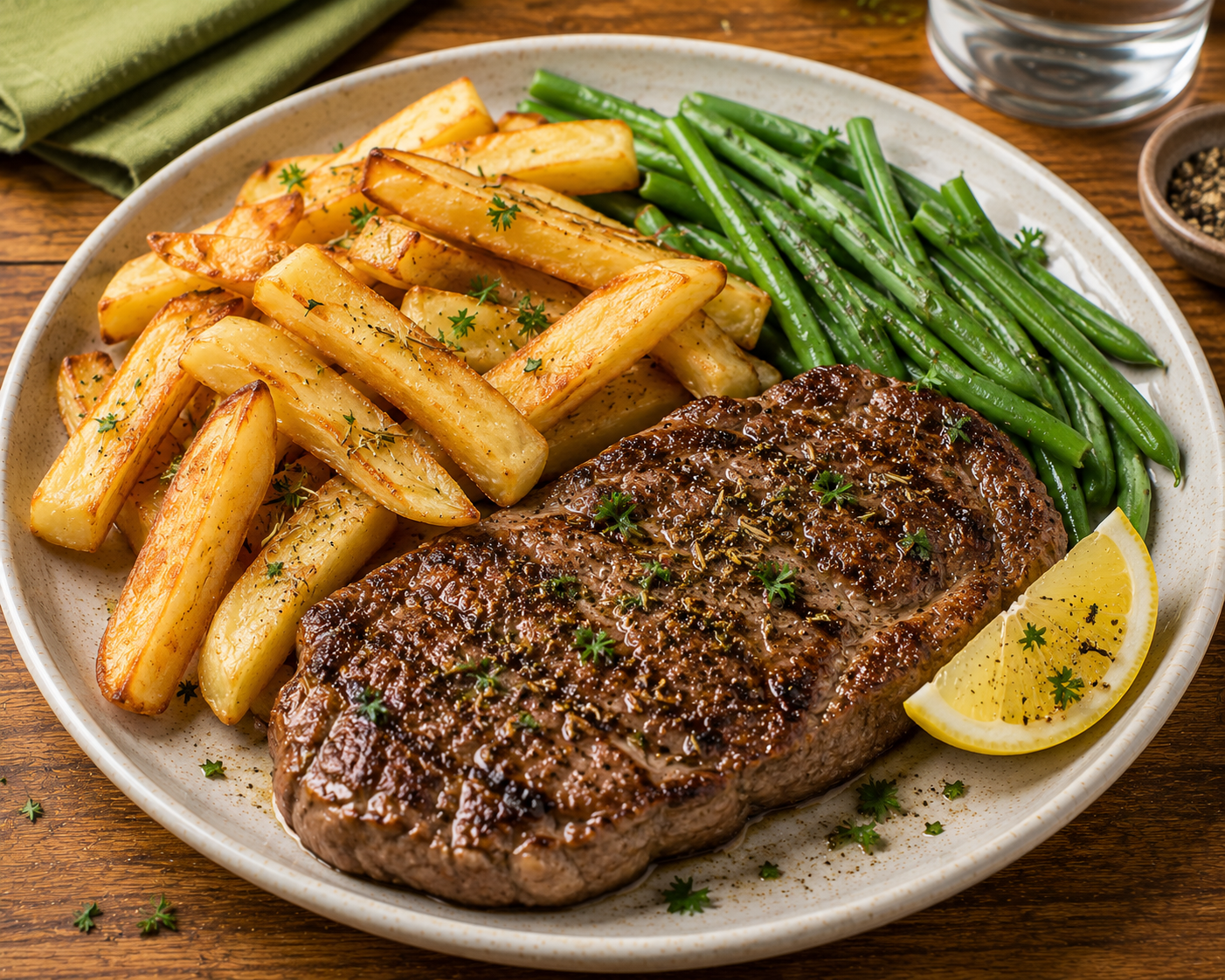 Steak, Chips & Green Beans